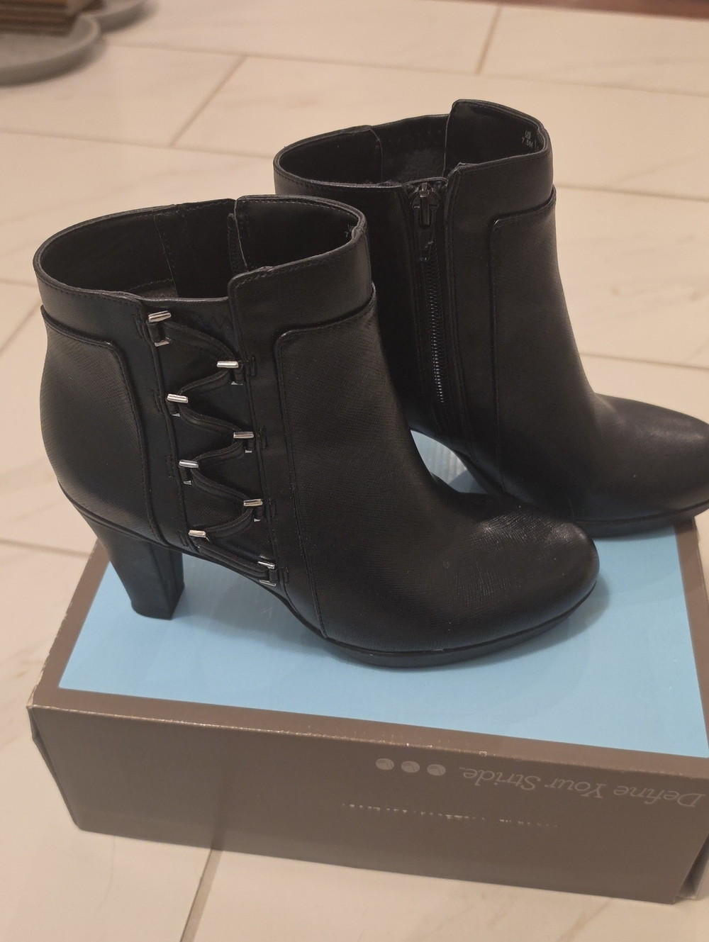 Women’s Black Ankle Booties with Side Zip and lace Up Detail, Worn 2x